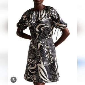 Ted Baker London Faridda Dress. Ruched Puffed Sleeves. Black & Silver. Size 6US